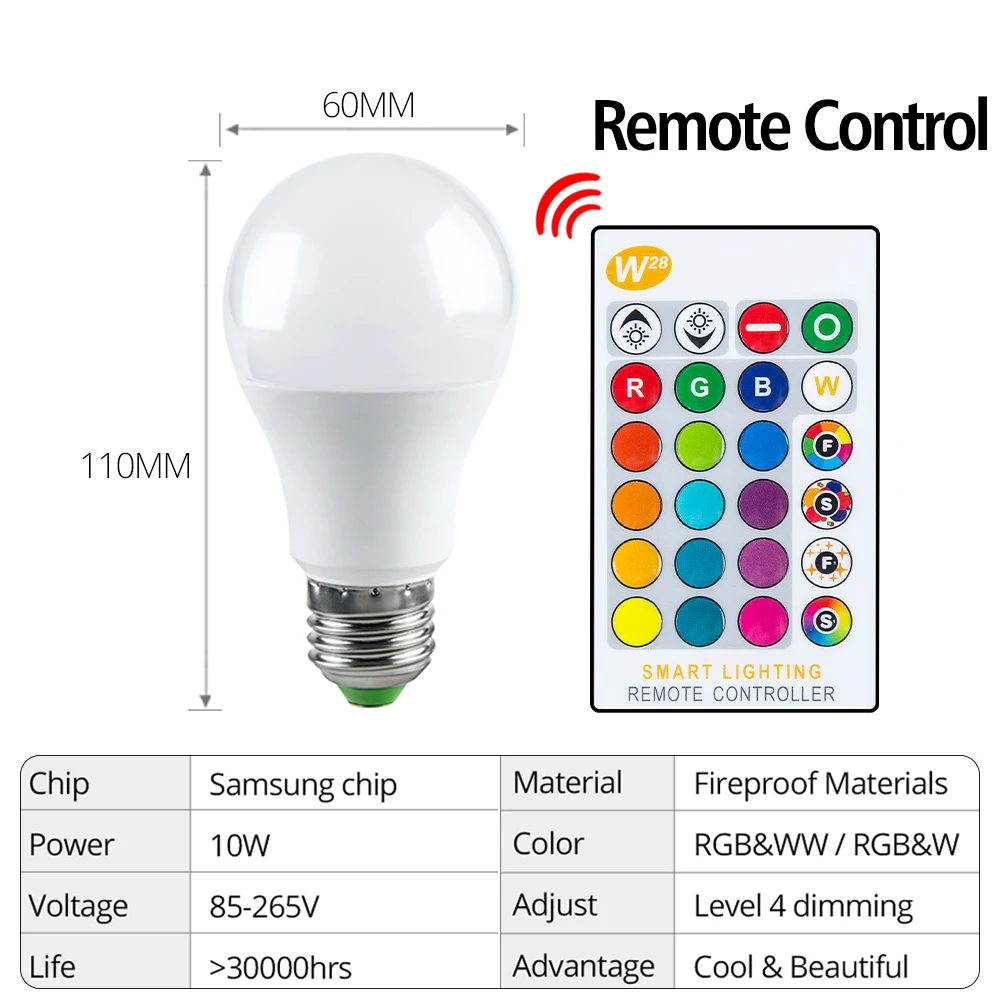 Светодиодная RGB лампа E27 B22 умная музыкальная с дистанционным управлением RGBW