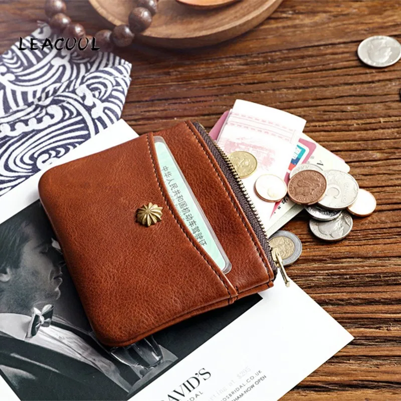 

Vintage Genuine Leather Men Women Card Coin Key Holder Zip Pouch Bag Purse Mini Pouch Zipper Popular Small Money Wallet