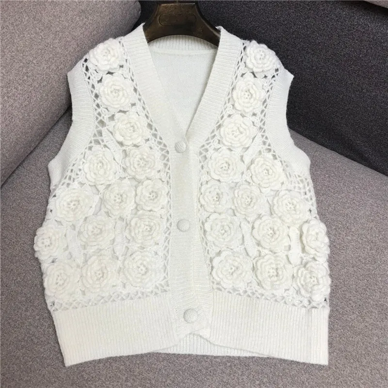 

Роскошный брендовый дизайнерский жилет для женщин винтажный вязаный крючком свитер без рукавов с V-образным вырезом и цветочным узором