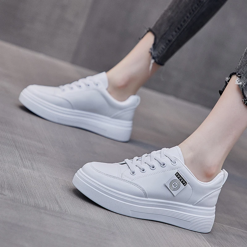 

Fashion White Split Leather Women Chunky Sneakers White Shoes Lace Up Tenis Feminino Zapatos De Mujer Platform Women Casual Shoe