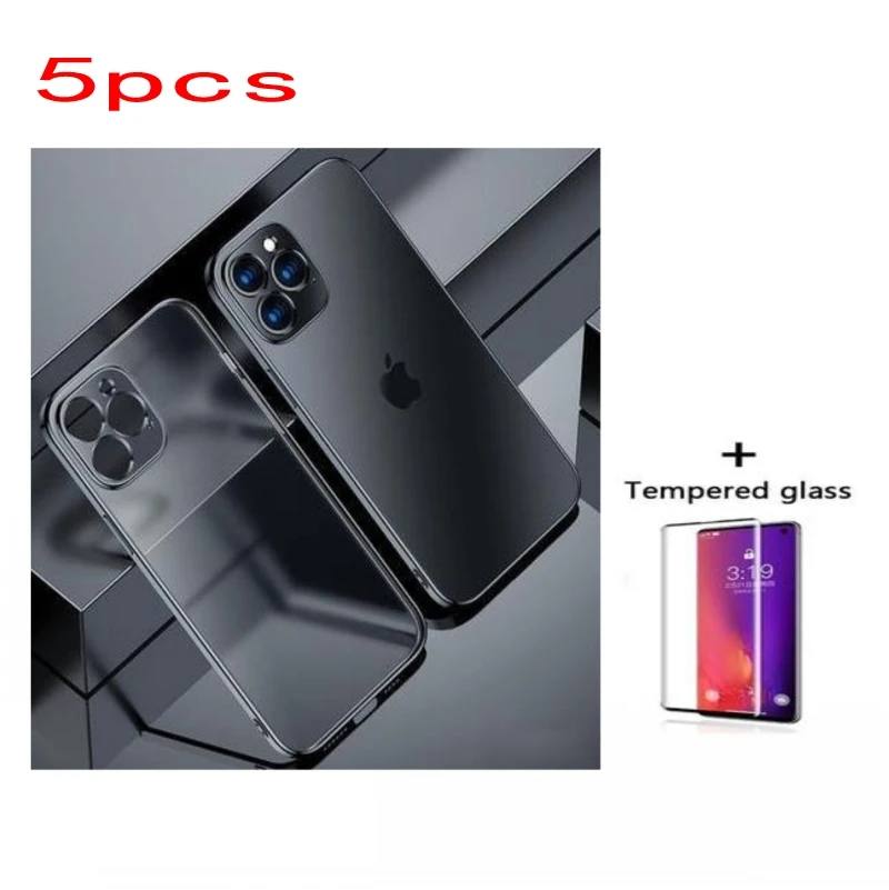 

5PCSLuxury box electroplating transparent mobile phone case +5PCS 3D toughened glass film For iPhone 11 12 Pro 12 mini