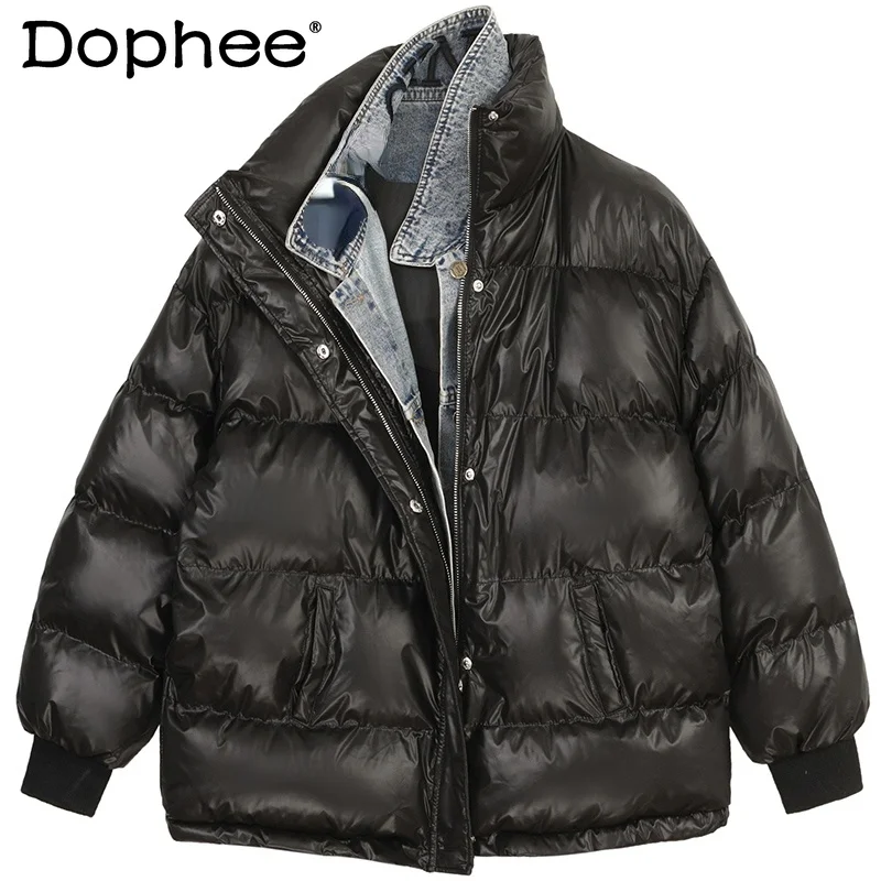 

Black Warm Coat for Women 2021 Winter Padded Jacket Fake Two-Piece Denim Stitching Cotton-Padded Coat Oversized Parka OuterWear