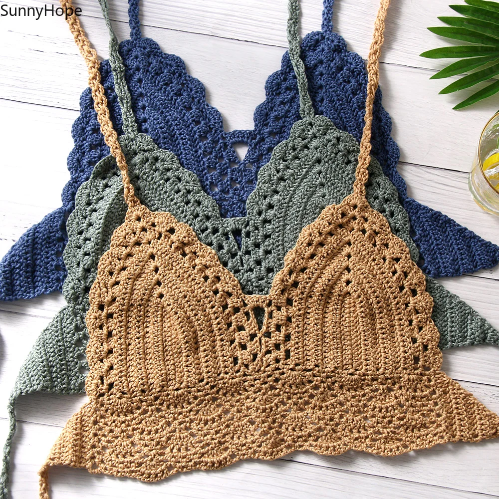 

New Sexy Bikini Crop Top Women Crochet Boho Beach Camisoles Bikini Bralette Halter Cami Knitted Bra Backless Beachwear Tank Top