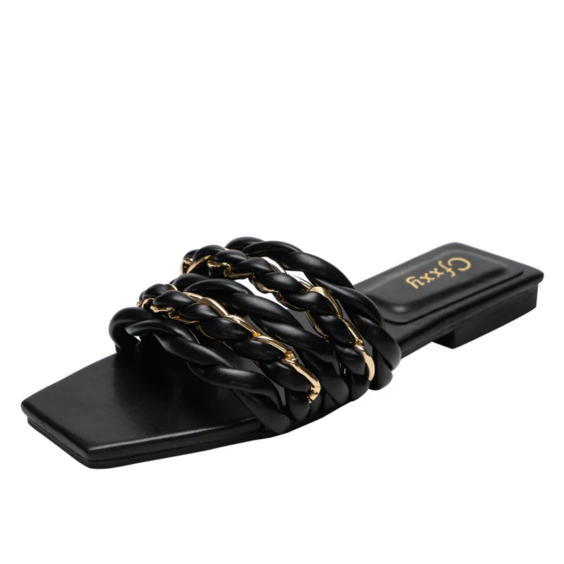 

2021 Women's Slippers Fashion Woven Chain Design Sexy Open Toe Outdoors Flat Sandals Luxurious Temperament Black Woman Shoes