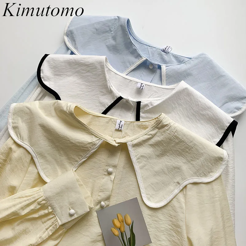 

Однотонная блузка Kimutomo с воротником «Питер Пэн», однобортная женская рубашка с длинным рукавом, милая Элегантная Модная Корейская шикарная...