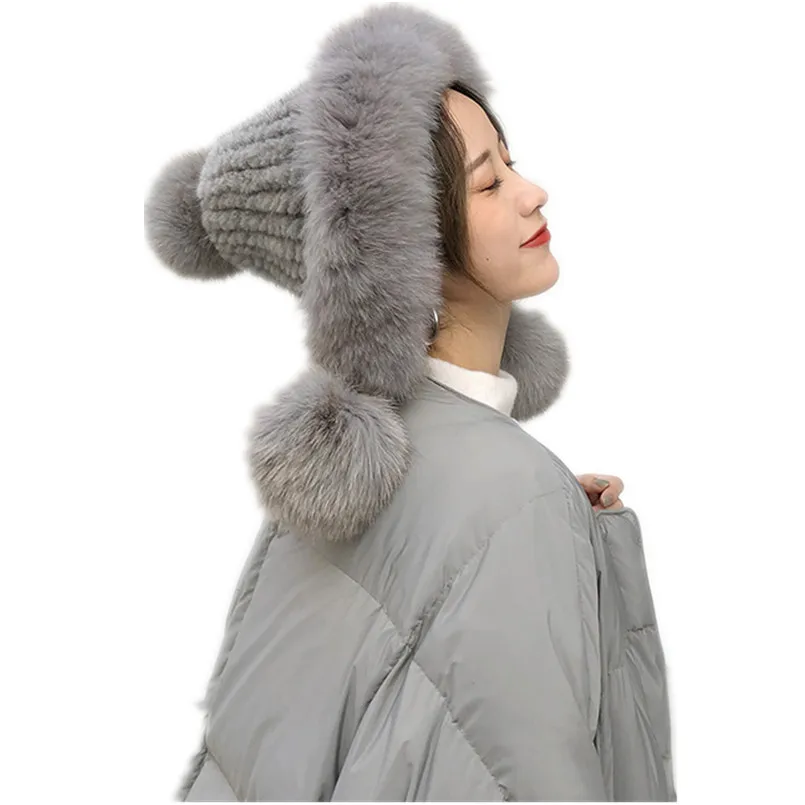 winter women's hat of Real mink fur and genuine fox new design hats red white color pompom for girl | Аксессуары для одежды