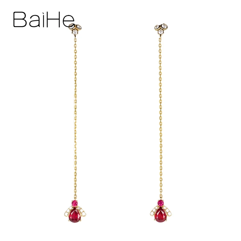 BAIHE подлинные однотонные 18k желтое золото груша Рубин длинные бриллианты