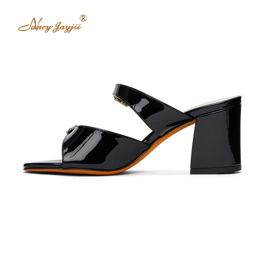 

Black Shiny Patent Leather Double Buckle Strap Sandals For Woman 2021 Summer Women’S High Chunky Heels Office Party Casual Shoes