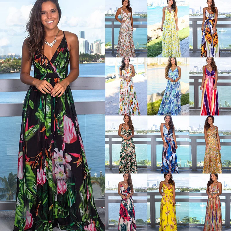 

Multi color tropical jungle leaf Bohemian long dress suspender cross back female V-neck 2021 party night elegant sexy vestidos