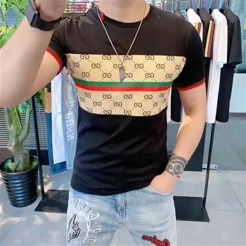 

Summer new short sleeve T-shirt Plaid Stripe Print round neck slim half sleeve