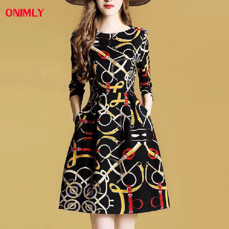

2021 spring new seven-point sleeve printed dress women's long slim slim belly women's A- line skirt