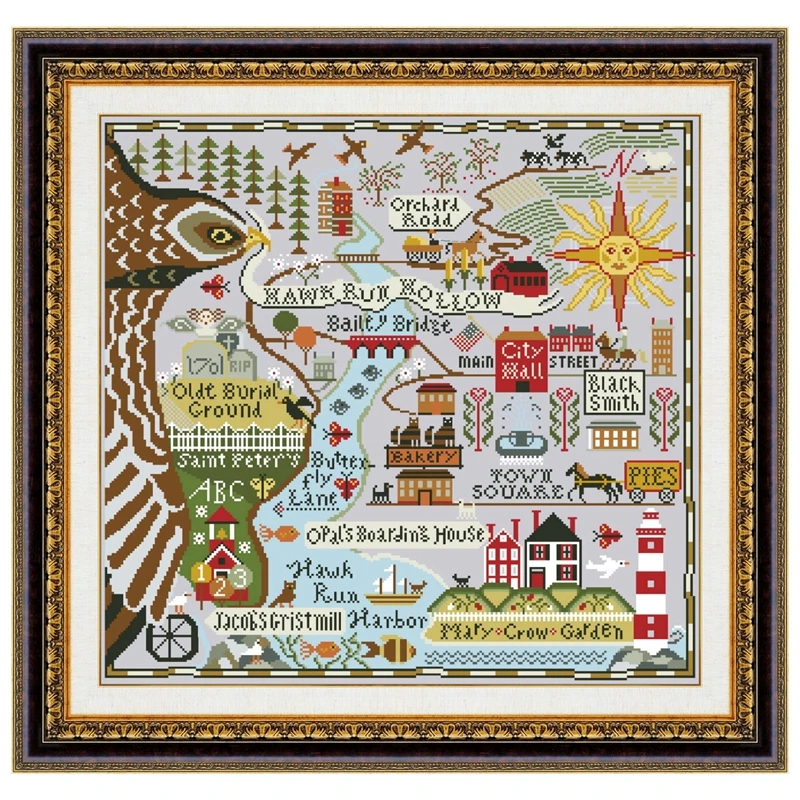 

Map of Hawk Run Hollow cross stitch kit cartoon pattern design 18ct 14ct 11ct silver canvas embroidery DIY needlework