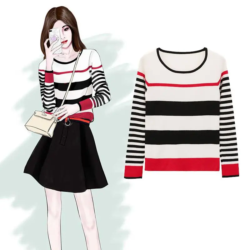 

Women Striped Knitted Pullover Sweaters Female Long Sleeve Tops Autumn Winter Slim Round Collar Sweaters