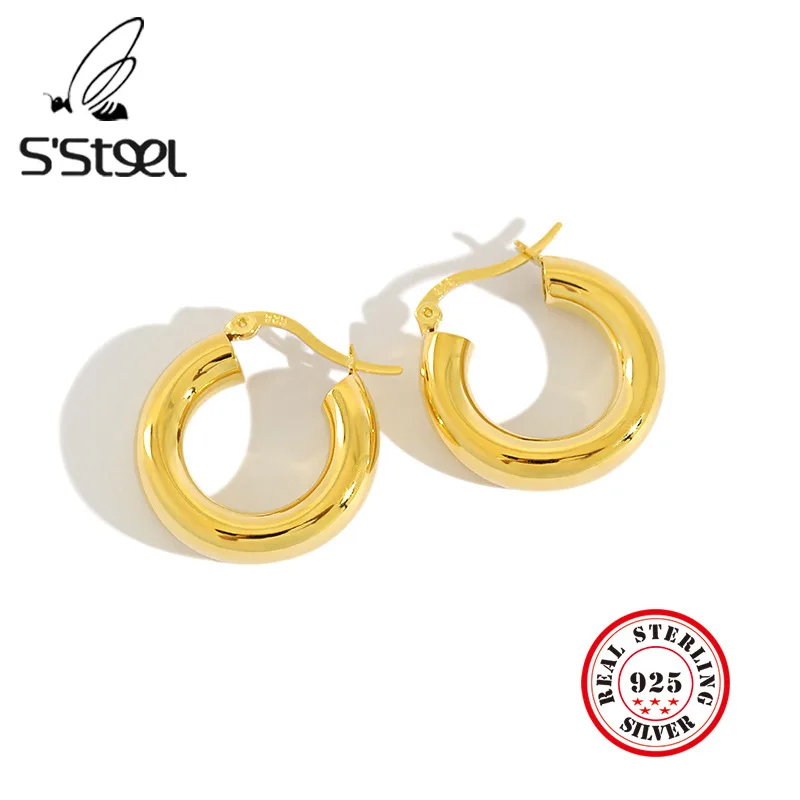 S'STEEL Европейская Хооп Серьги 18k цвета: золотистый серебристый Pendientes плата де лей