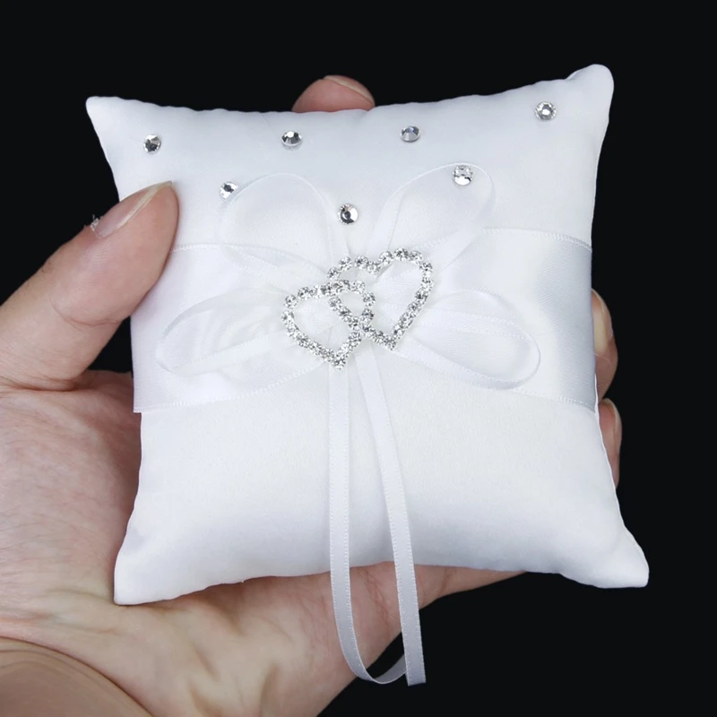 

White Double Heart Rhinestone Ring Pillow Wedding Ring Bearer Cushion 10*10cm