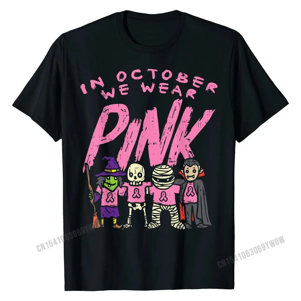 

October We Wear Pink Witch Skeleton Halloween Breast Cancer T-Shirt Summer Cotton Men Tops Tees Funny Discount Tshirts