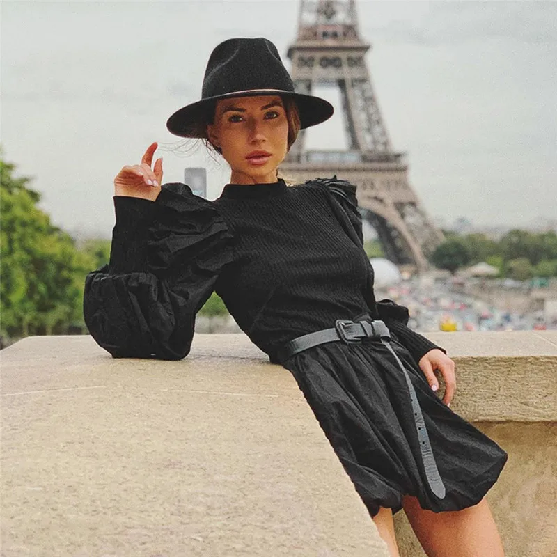 Модная рубашка с рукавами фонариками и рюшами Осенний однотонный топ круглым