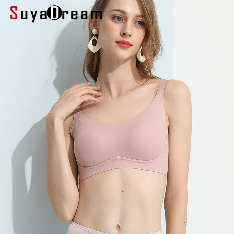 

SuyaDream Women Wire Free Full cup Bras 100%Natural Silk Lining Everyday wear 3D Pad Bra Black Pink Nude Yo ga Underwear