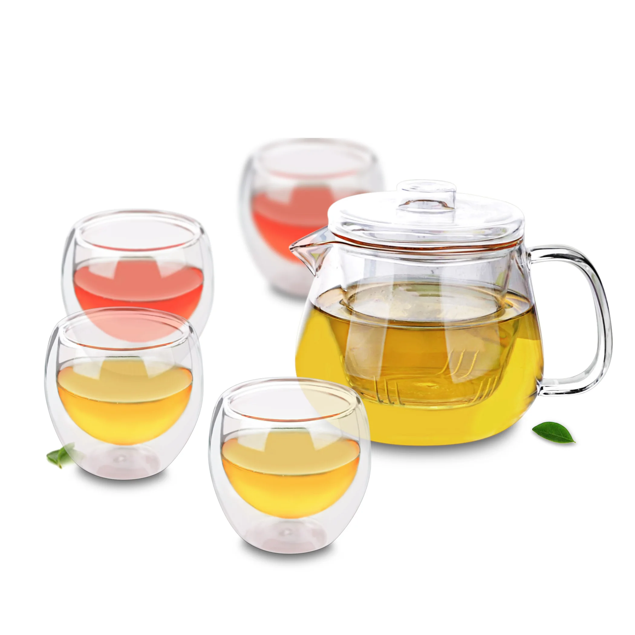 

1x Tea Set - 485ml Heat Resistant Glass Flower Teapot with infuser & Lid+ 4x Double Wall Tea Cups 80ml