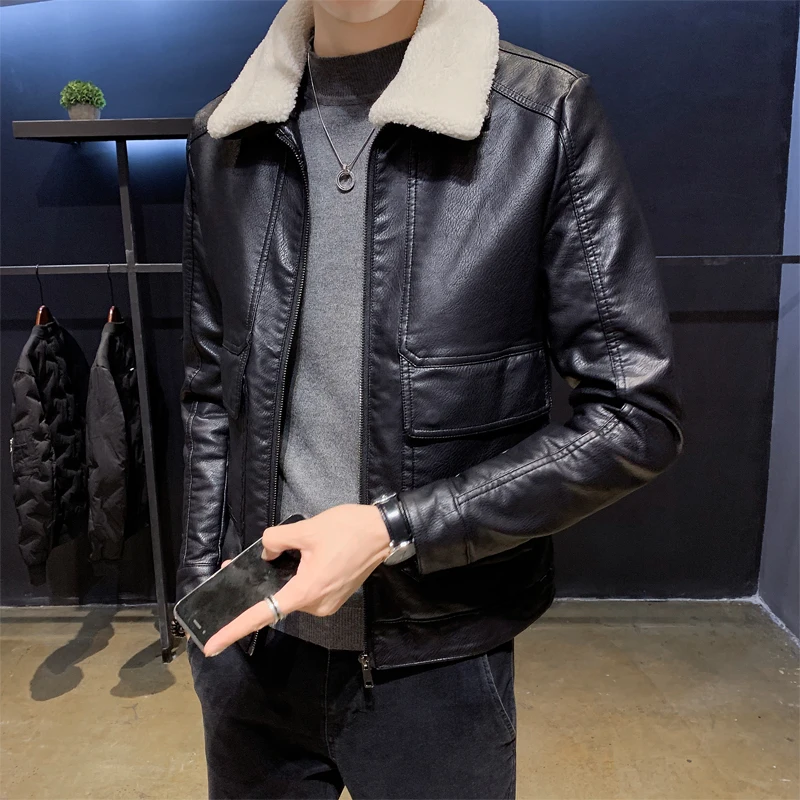 

Black Bomber Jacket Men Velvet Thicken PU Leather Jacket Male Lambswool collar Zipper Coat Outwear Autumn Winter Brand Clothing