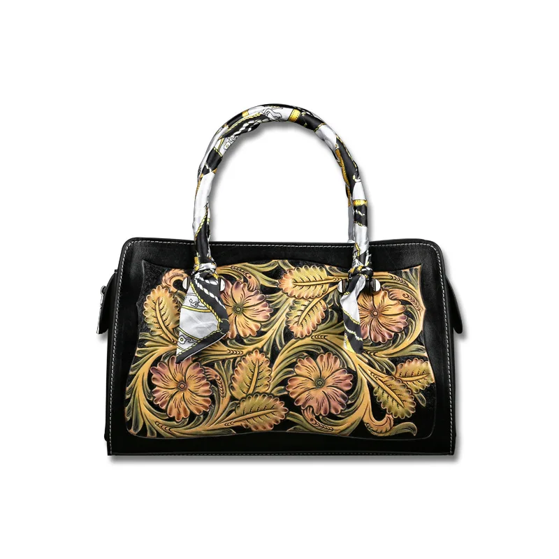 

2021 Newest Luxury Leather Carving Flowers Ladies Handbag Handmade Top Quality Cowhide Leather Hand Painted Shoulder Bags