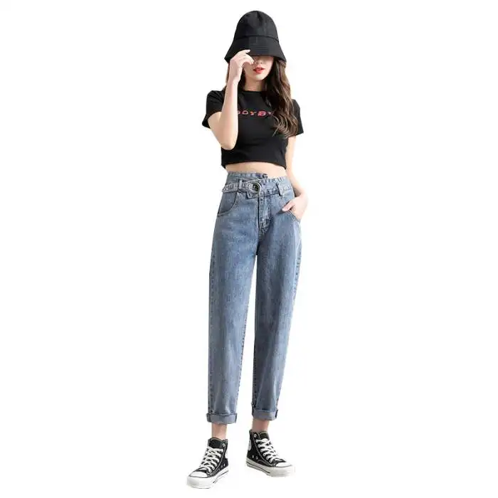 

FINEWORDS Classic Blue Woman Jeans High Waist Basic Style Korean Casual Mom Jeans Vintage Plus Size Harem Ladies Boyfriend Jeans