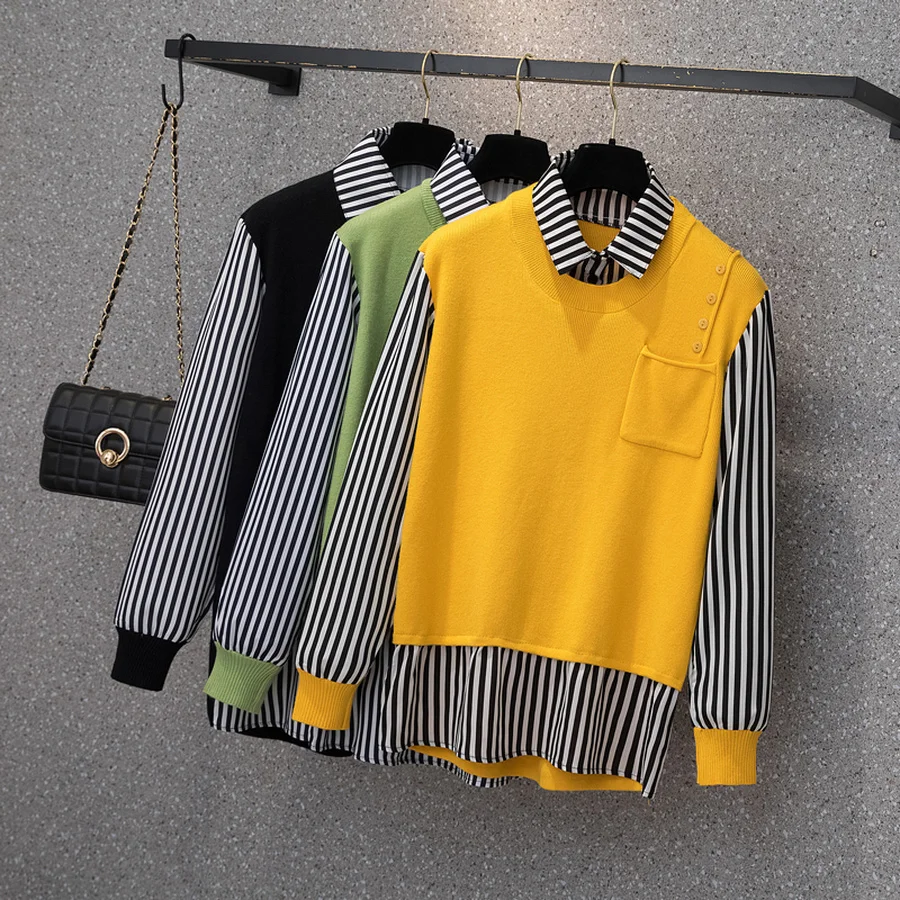 

Топ с имитацией двух предметов в стиле пэчворк большого размера 4xl, рубашка, пуловер, корейская мода, одежда для девочек, женский зимний свит...