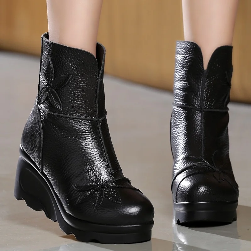 

national thick bottomed muffin short boots, leather slope heel high-heeled Martin boots