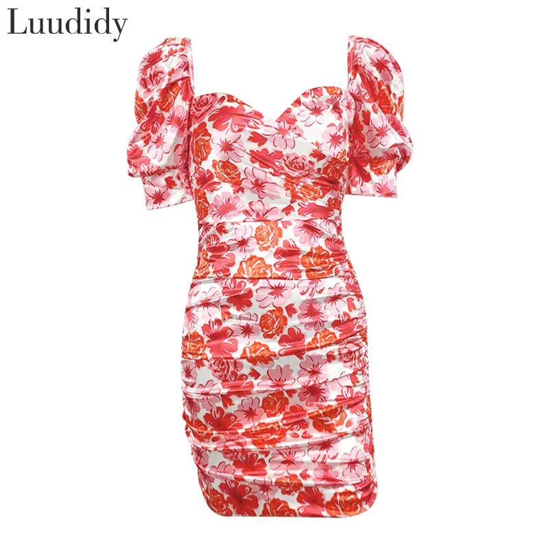

Sexy Puff Sleeve Slim Silk Satin Bodycon Mini Dress Sexy Backless Floral Print Female Dress