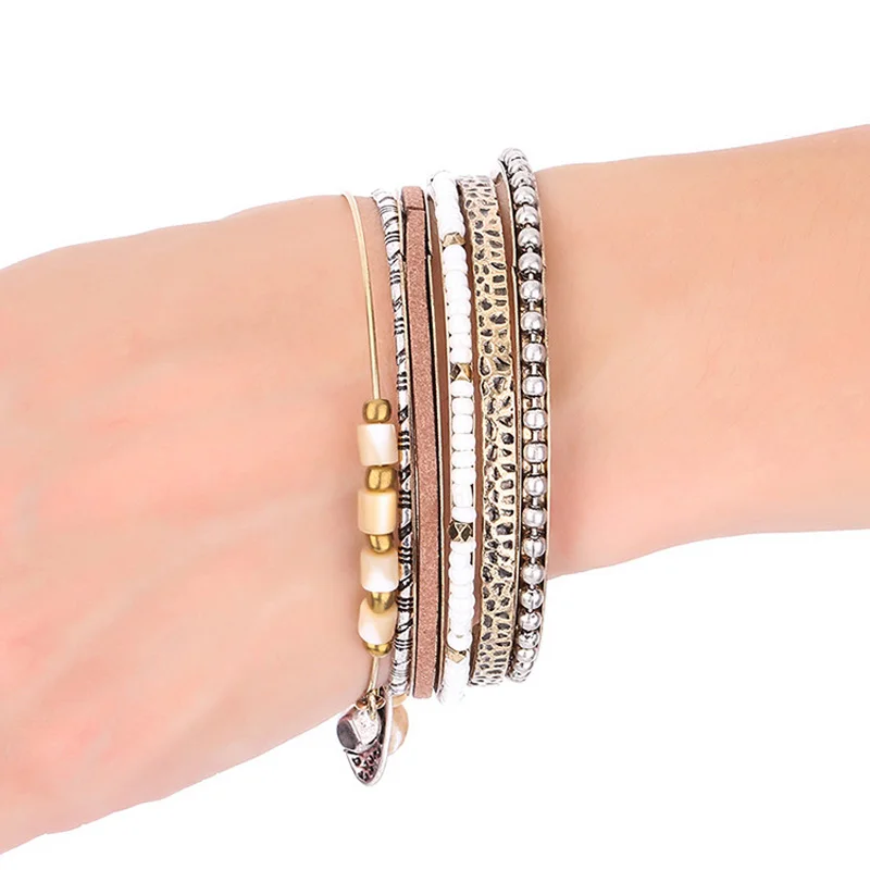 

6Pcs/set Euramerican Iron Bracelets CCB Beaded Multi-layer Alloy Bracelet Copper Electroplated Vintage Silver Gold MAEA9
