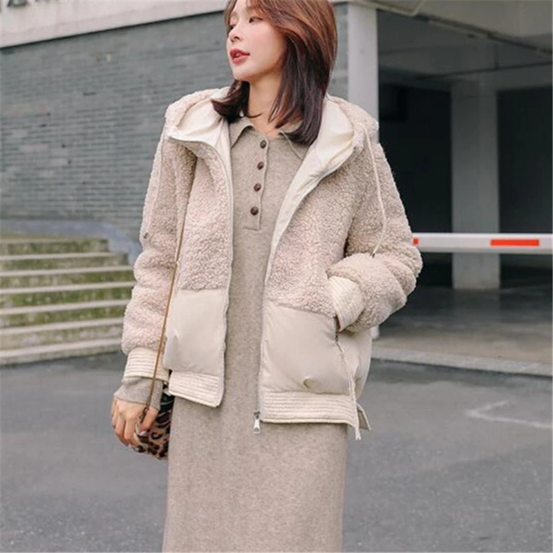 

Granular Lamb Hair Stitching Fur Short Cotton Jacket Women 2020 Winter New Style Loose Hooded Long Sleeve Thick Coat Trendy 282