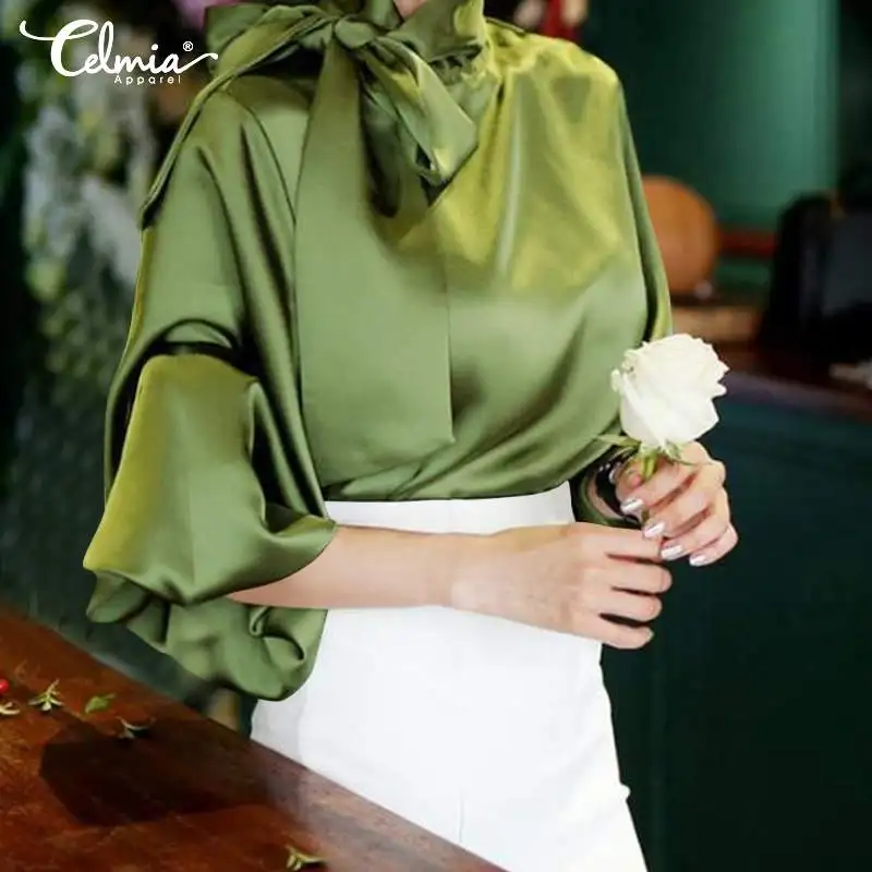 

Celmia Autumn Satin Bow Blouses 2021 Fashion Women Lantern Sleeve Slik Tunics Tops Elegant Shirts Casual Party Blusas Femininas