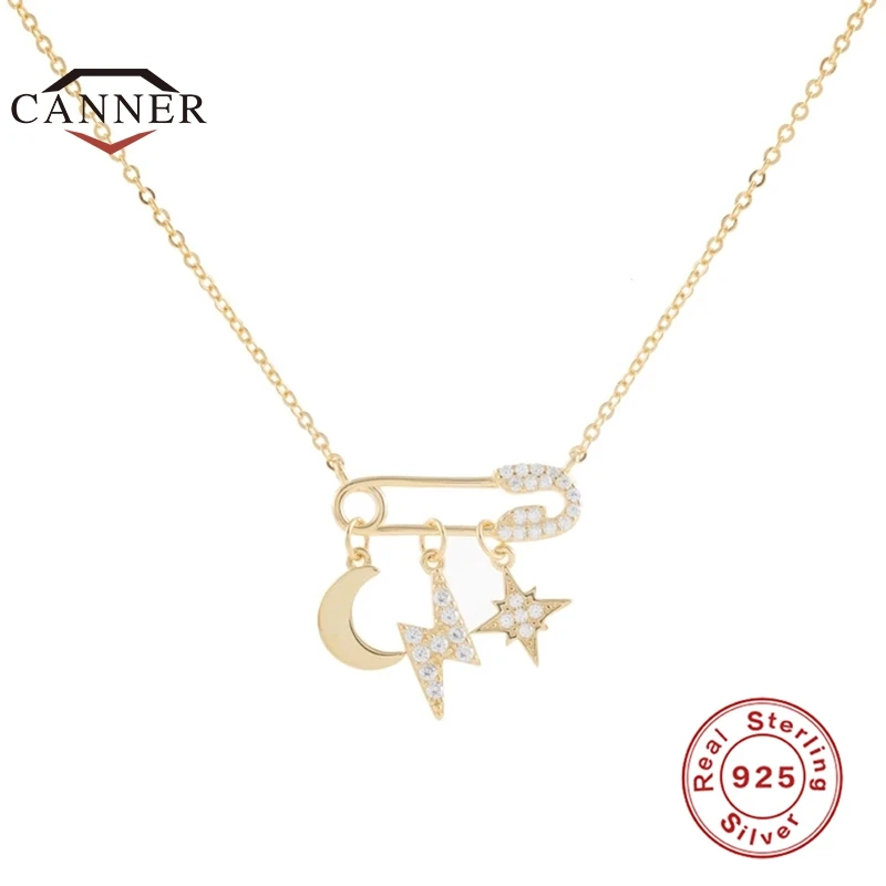 

CANNER 100% Real 925 Sterling Silver Luxury Moon Star Safety Pin Pendant Zircon Necklace For Women Fine Jewelry Gift Collares