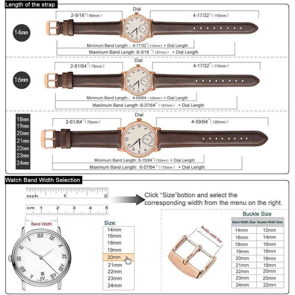WOCCI Watch Band-винтажный кожаный ремешок для часов, выбор цвета и ширины(18 мм, 19 мм, 20 мм, 21 мм или 22 мм), Пряжка из розового золота