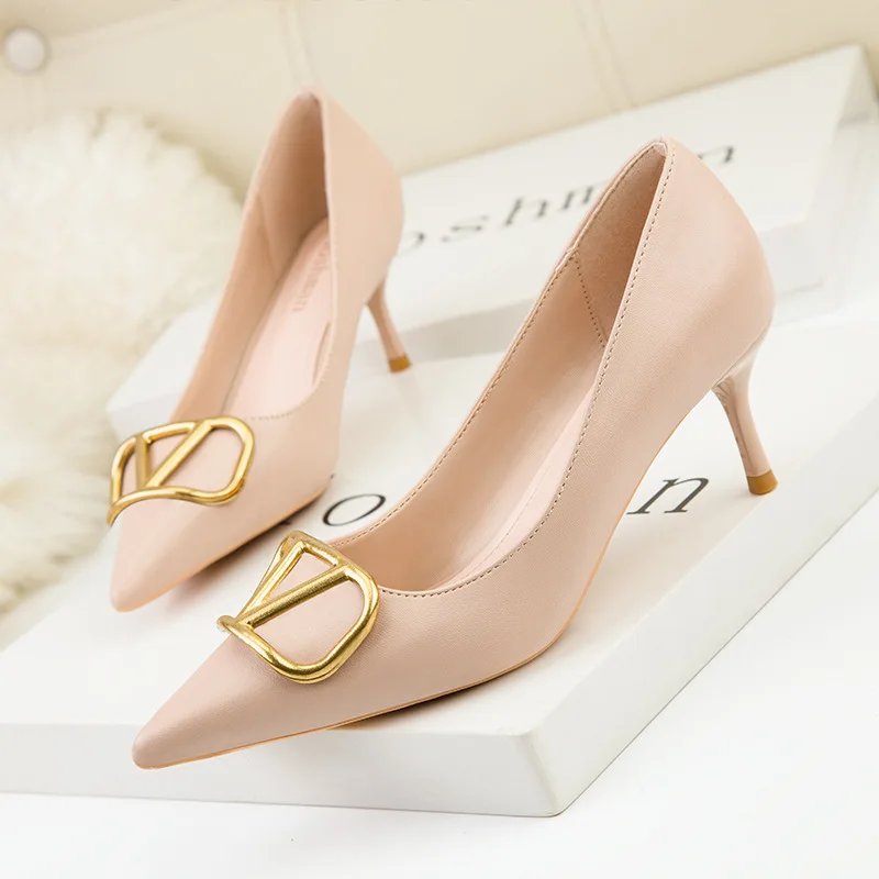 Fashion professional OL women's shoes stiletto high-heeled shallow mouth pointed toe thin metal V home buckle shoes