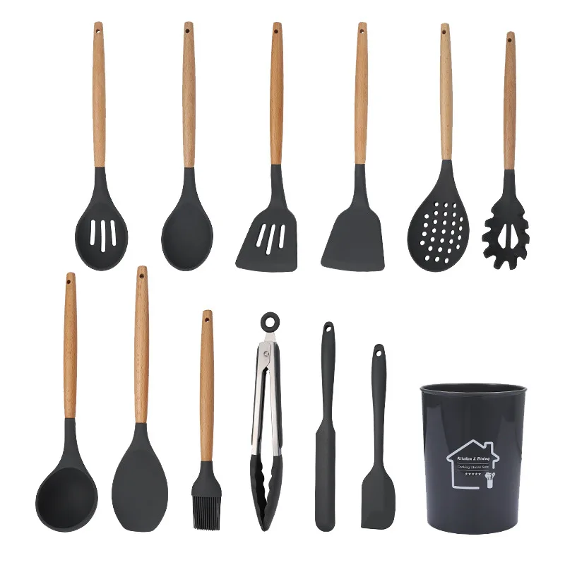 

Wooden Handle Silicone Kitchenware Non Stick Pot Sooking Shovel Spoon Leakage Kitchen Supplies