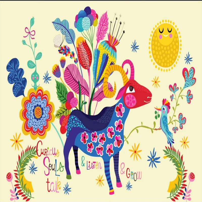 Ручная роспись мультфильмов овец птиц 3D детская комната желтый фон Настенные