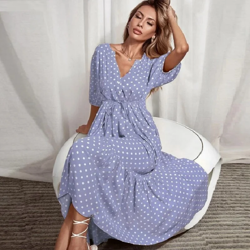 

Summer Polka Dot Printed Sexy V-neck Ladies Dress Lace-up Loose Casual Ruffled Temperament Commuter Daily Long Skirt
