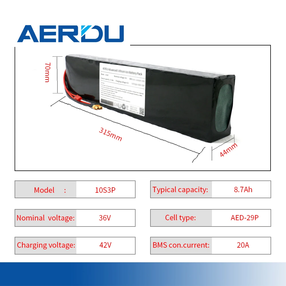 

AERDU 10s3p 36v 8.7ah 18650 Rechargeable Lithium Battery Pack with Bms Used To Modify Bicycle Scooter Vehicles Xt30 Jst2p Pulg