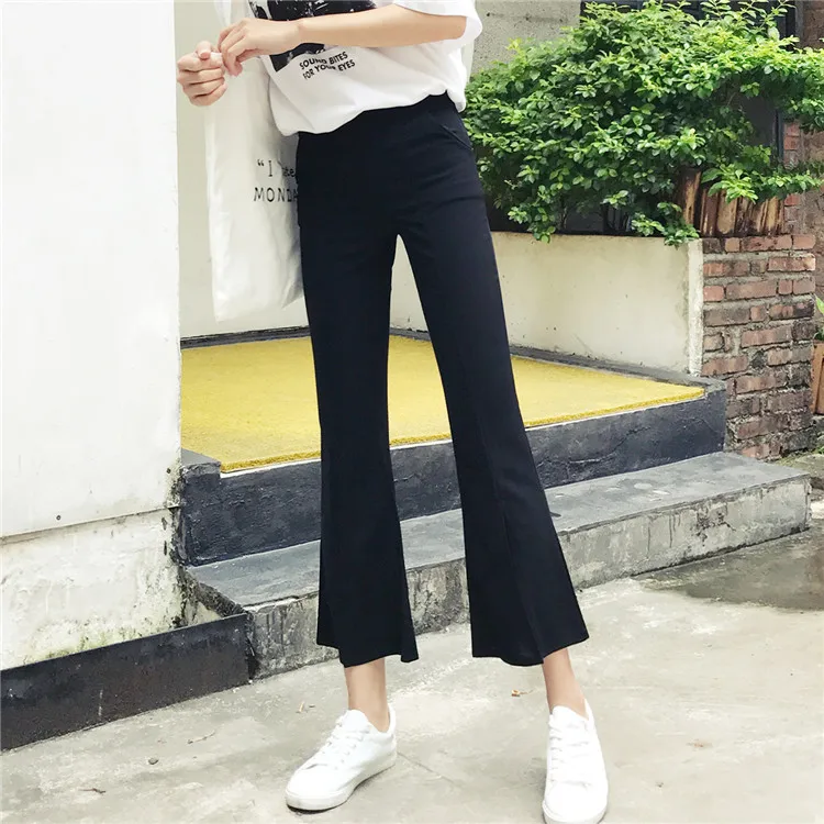 

Pants Women Solid Color Ankle-Length Elastic Waist High Womens Flare Trousers Pockets Simple Elegant Slim Leisure Korean Style