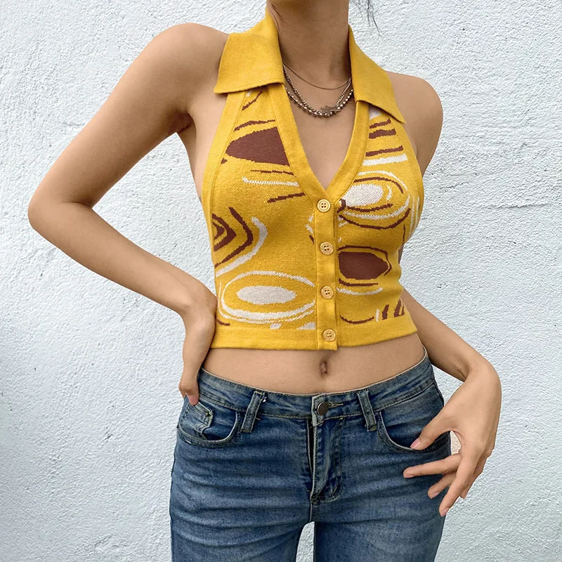 

Fashion Green Knitted Tank Top Sexy V-neck Backless Y2k Fairy Grunge Aesthetic Halter Top Summer Clothes for Women