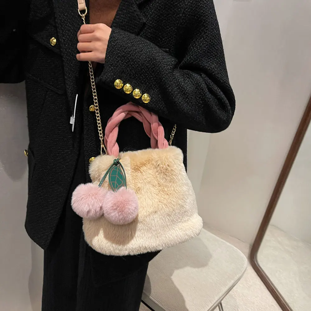 

YIXIAO Winter Women's Shoulder Bags Fluffy Plush Cute Cherry Chain Crossbody Bag For Female Weave Handbag Ladies Evening Clutch