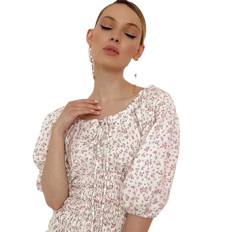 

2021 New Summer Fashion Ladies Square Collar Lace Temperament Commuter Puff Sleeve French Retro Lace Short Skirt Printed Dress