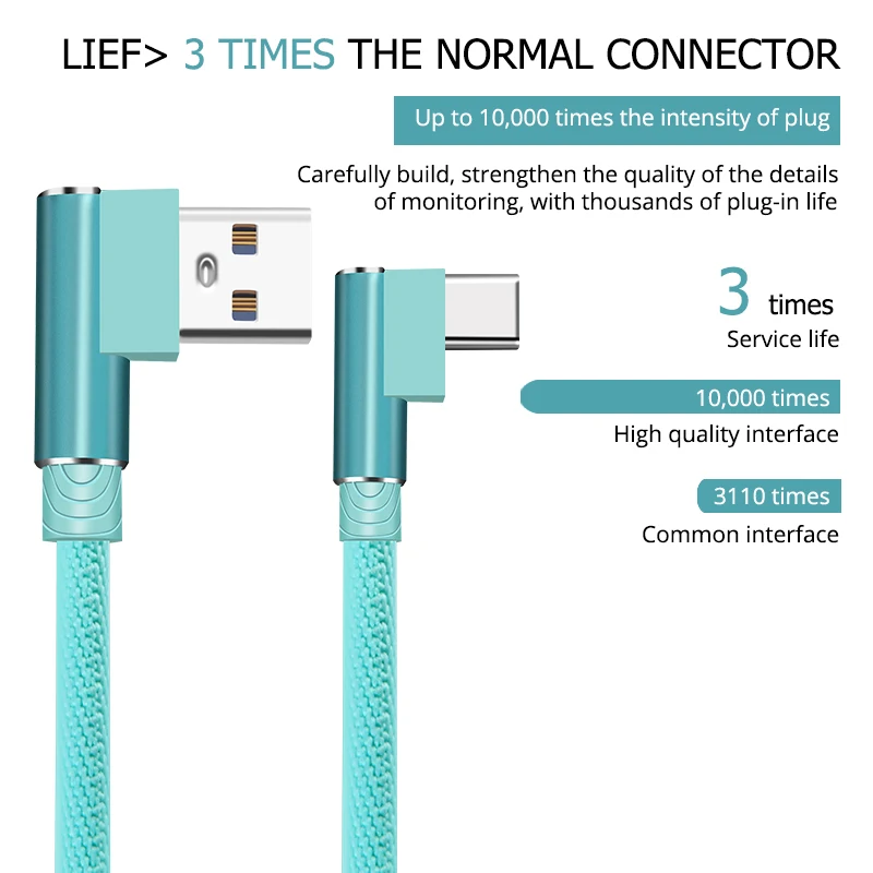 

3/ 2/ 1M Dual Elbow 90 Degree Fast Charging USB C Cable Type-c Data Cord Charger For Samsung S8 S9 Huawei Xiaomi Quick Charging