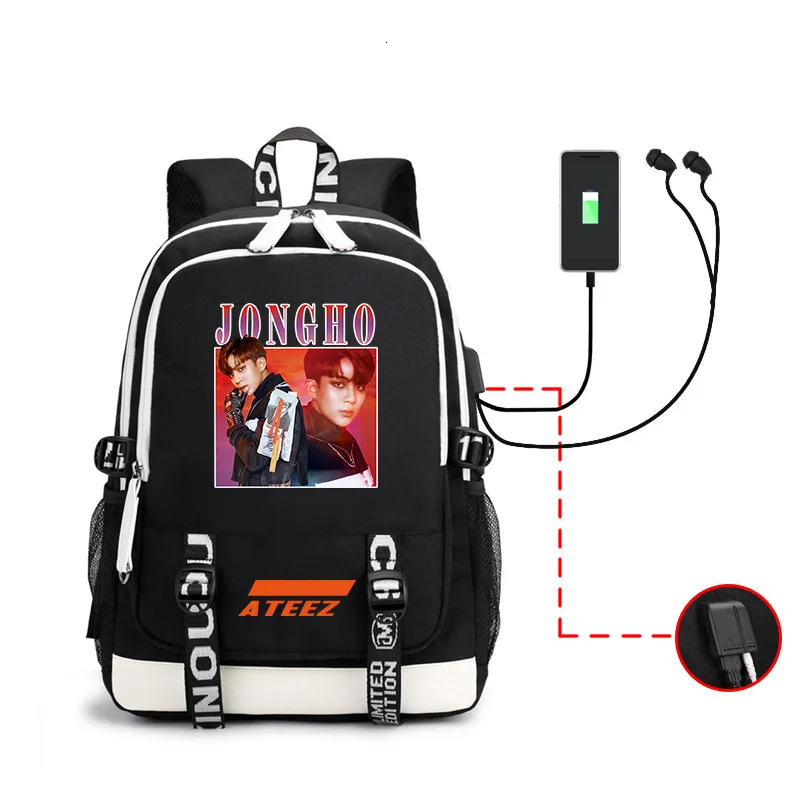 Kpop Ateez рюкзак периферийная сумка мужская и женская сумка на оба плеча Usb гарнитура линия компьютерная упаковка