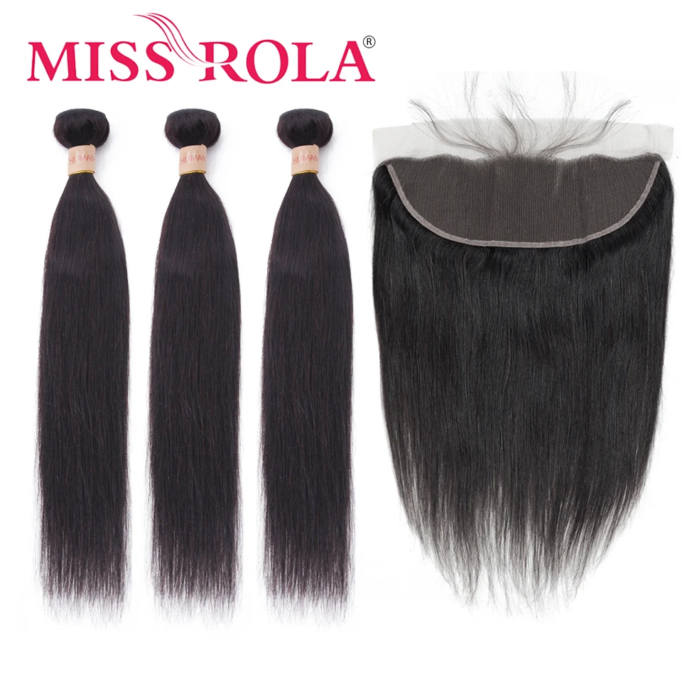 Miss Rola Hair Pre-Colored Brazilian 3 Bundles With Lace Frontal Closure Remy Straight Hair Bundles 100% Human Hair Extensions