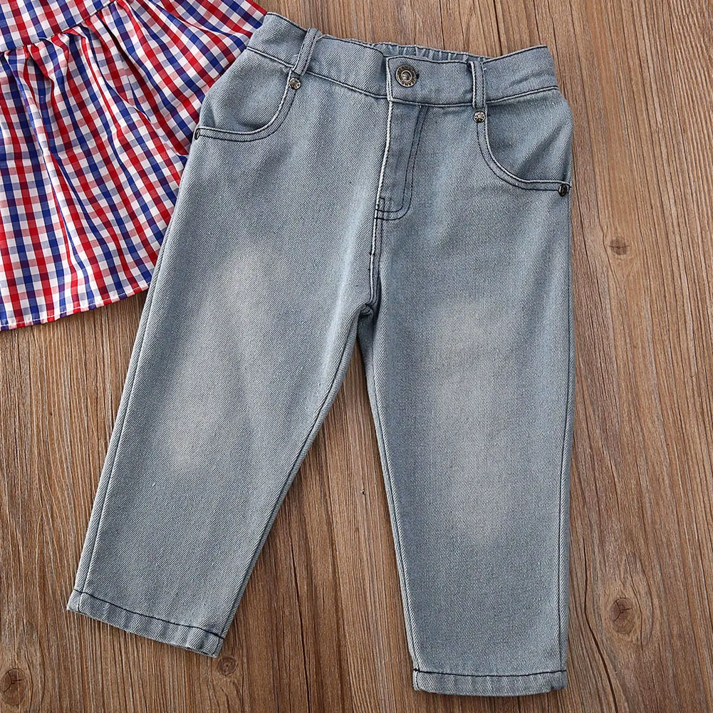 2-7Y Toddler Baby Girls Plaid Outfits Clothes Sets Print Sleeveless Tops Vest+Jeans Denim Pants 2PCS Set | Мать и ребенок