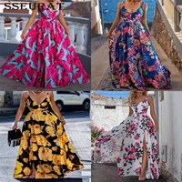sseurat boho dress 2021 women deep v neck long party dress retro floral print hem a line dress summer sleeveless beach dress