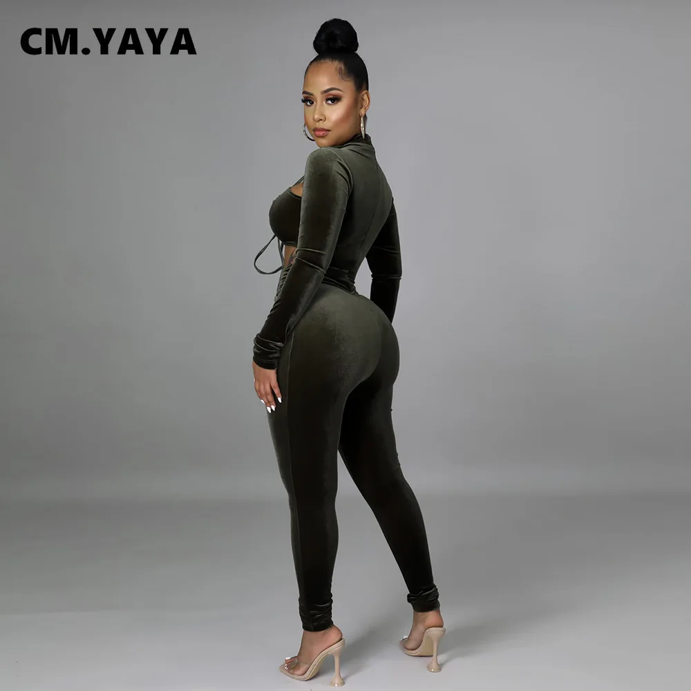 Женский бархатный Облегающий комбинезон CM.YAYA с вырезами и кружевом длинным
