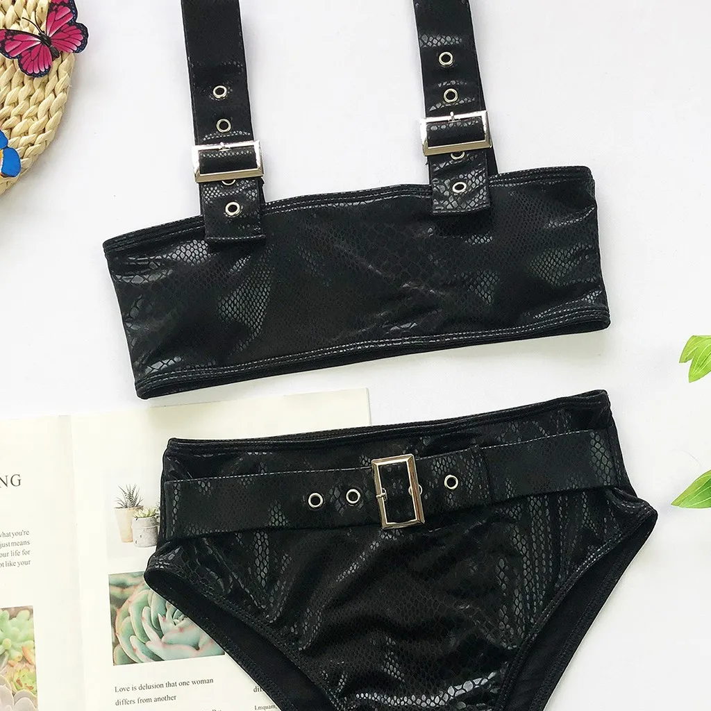 Бикини бандо текстура печать с ремнем Пряжка стринги купальник 2 шт. набор